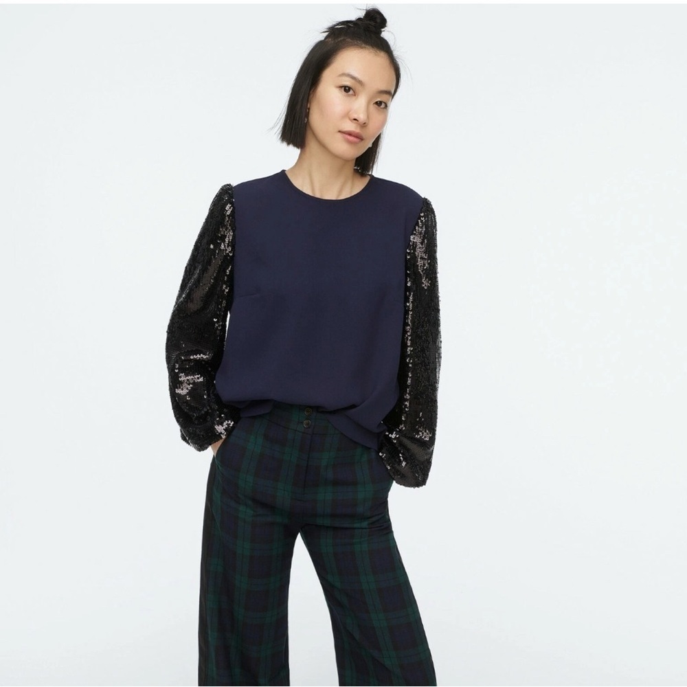 J.Crew Navy Top with Black Sequin Statement Sleeves | XXS | NWT